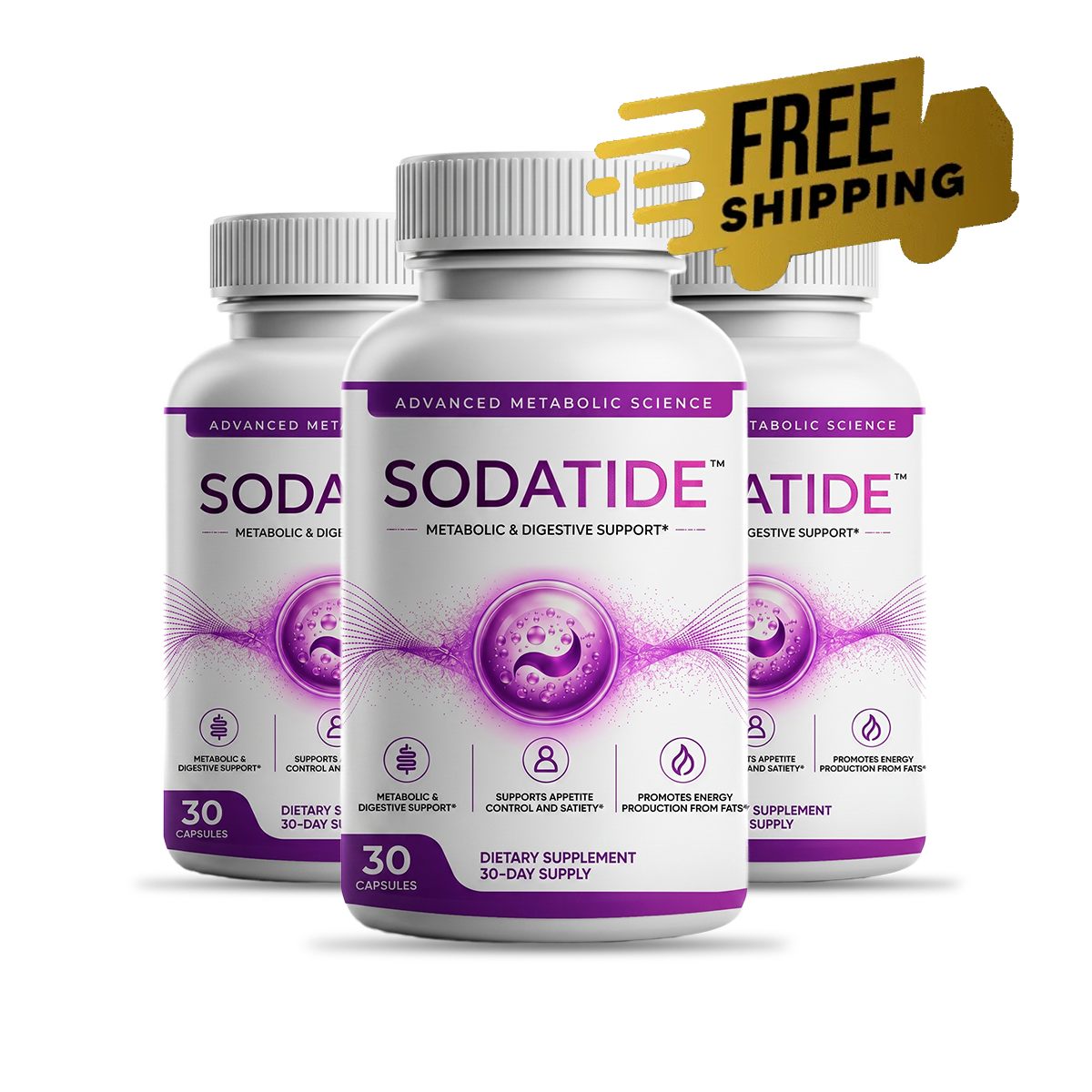 Three bottles of Sodatide gut-microbiome prebiotic and probiotic supplement, official bundle